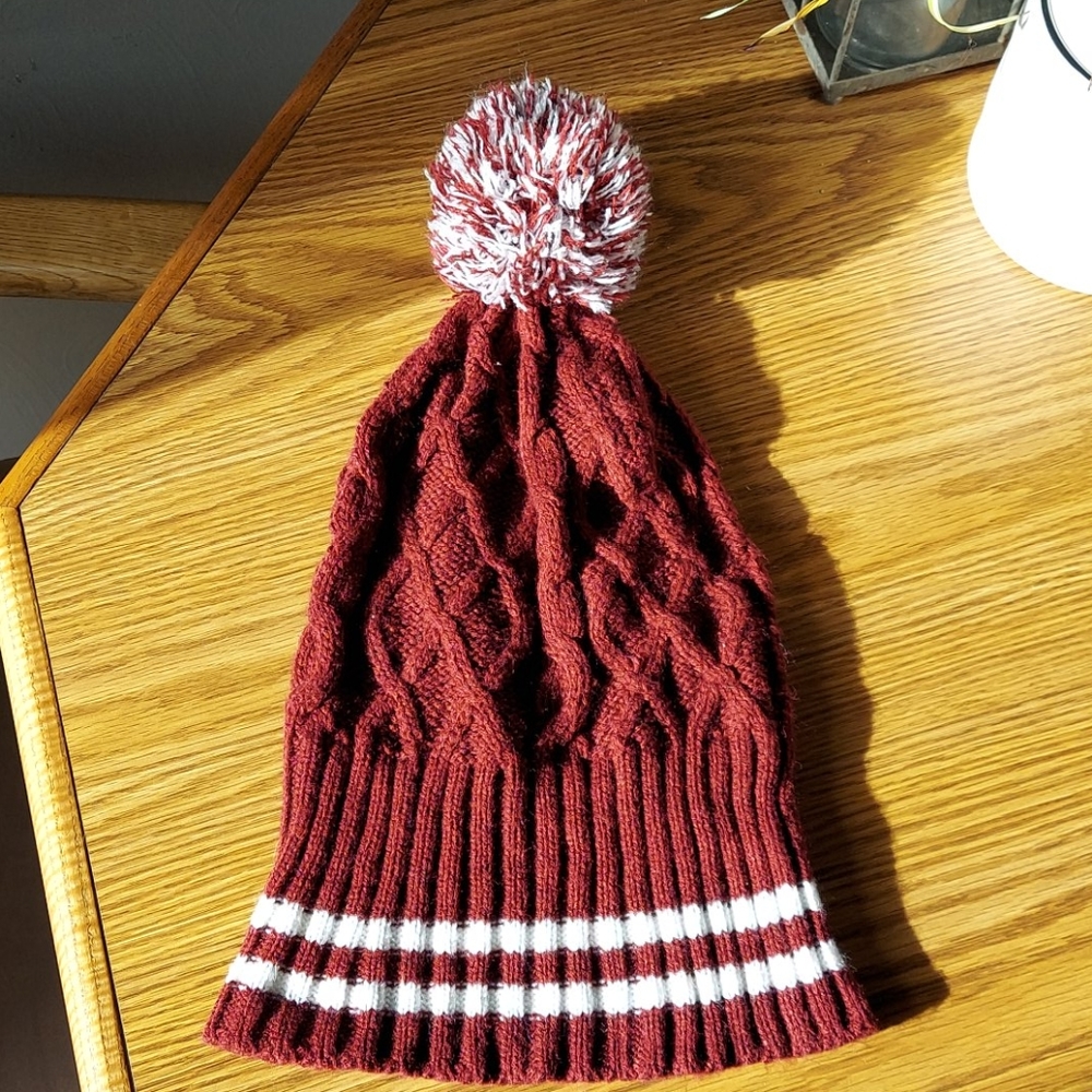 Burgundy and white stripped beanie with pom pom